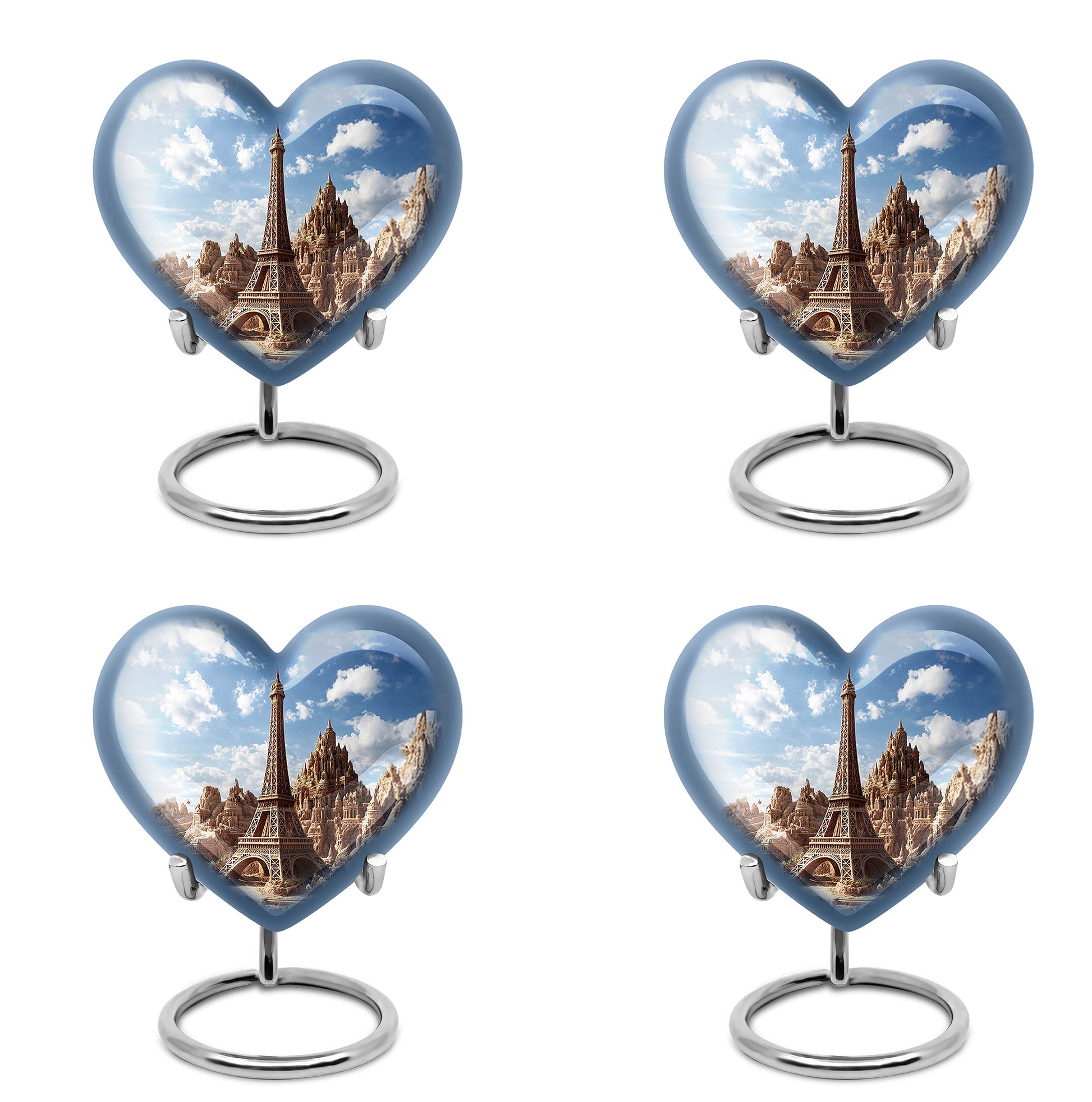 Powder Blue Eiffel Tower Cremation Urn angled view of lid and engraved motif - loving heart memorial featuring eiffel tower pattern - 10 inch aluminum urn for cremated remains