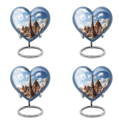 Powder Blue Eiffel Tower Cremation Urn angled view of lid and engraved motif - loving heart memorial featuring eiffel tower pattern - 10 inch aluminum urn for cremated remains