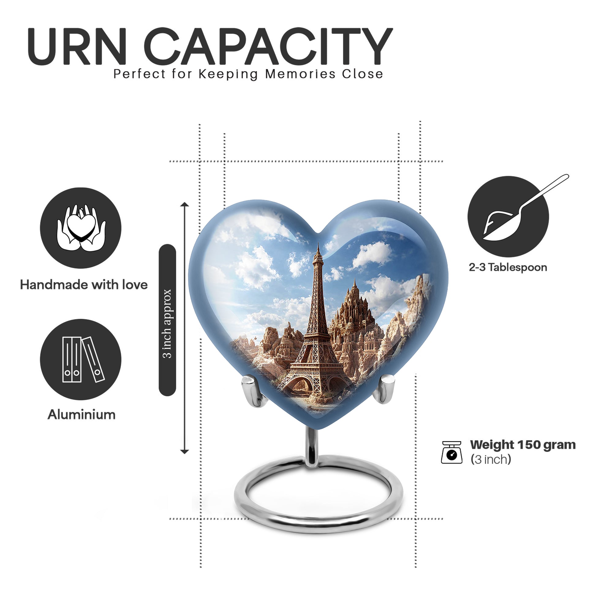 Navy Blue Eiffel Tower Cremation Urn front view showing detailed design - heart-shaped eiffel tower design symbolizing eternal love - mini keepsake memorial for portion of cremation ashes