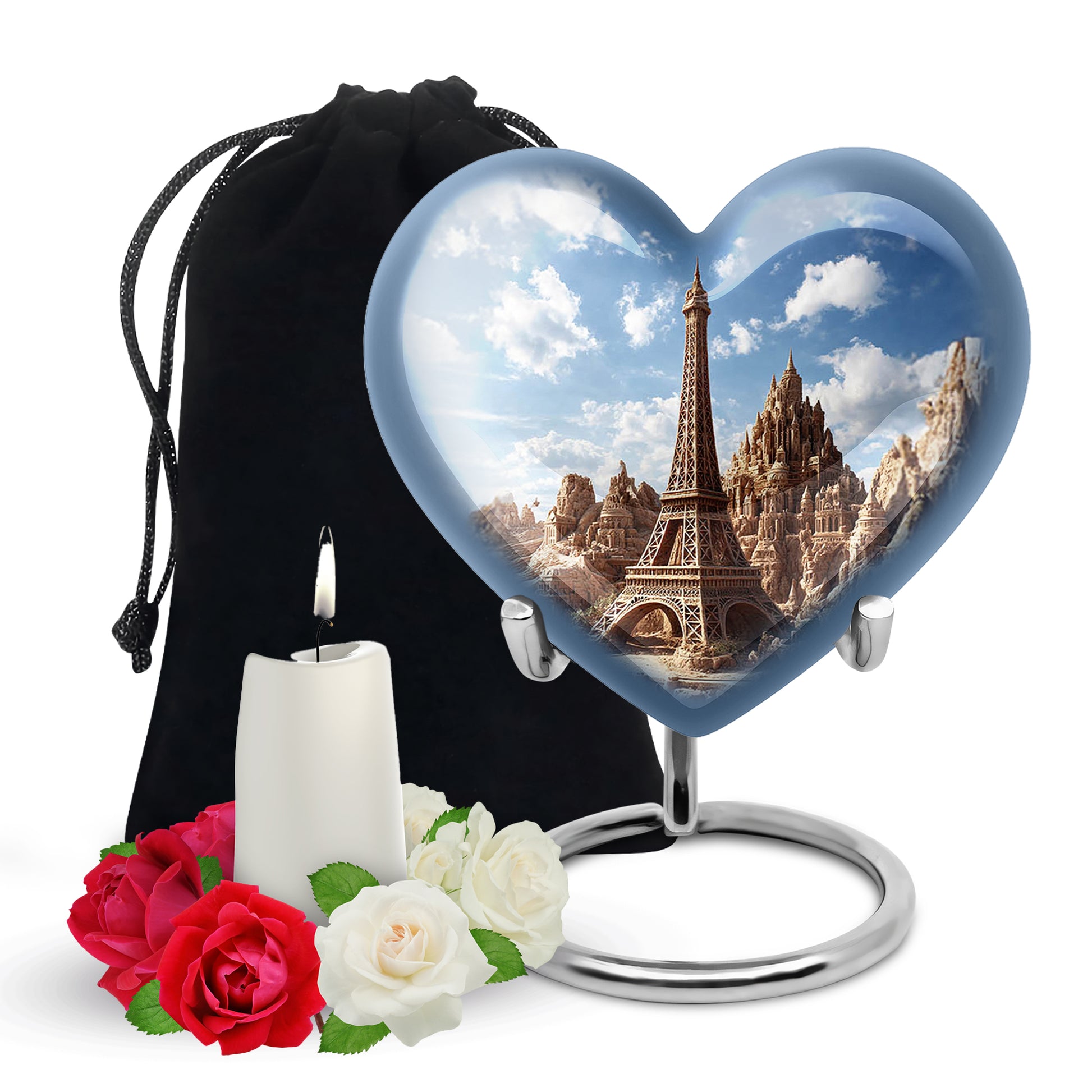 Royal Blue Eiffel Tower Cremation Urn detail view - compassionate heart-eiffel tower combination with gentle curves - full-size 10 inch 200 cubic inch adult cremation urn
