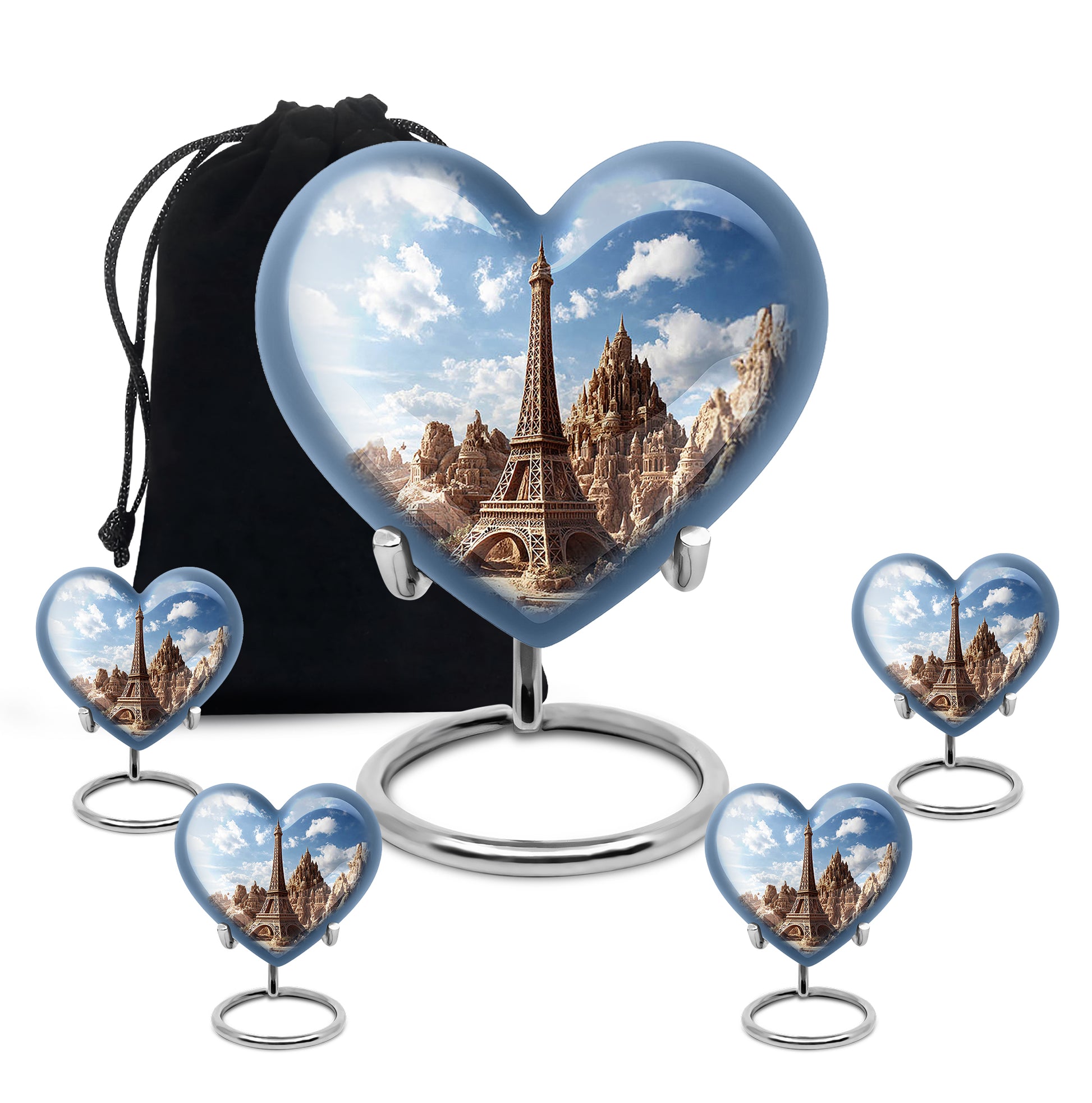 Icy Blue Eiffel Tower Cremation Urn close-up of engraving and surface detail - heart-shaped eiffel tower design symbolizing eternal love - memorial set with one large and four small urns