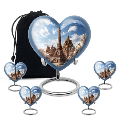 Icy Blue Eiffel Tower Cremation Urn close-up of engraving and surface detail - heart-shaped eiffel tower design symbolizing eternal love - memorial set with one large and four small urns