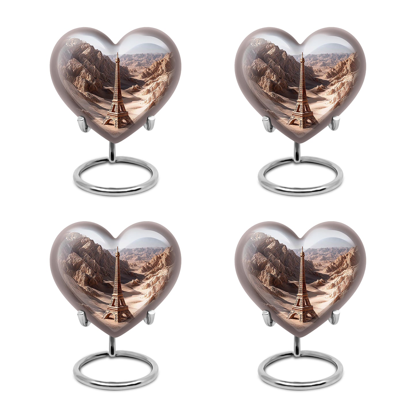 Chrome Silver Eiffel Tower Cremation Urn angled view of lid and engraved motif - compassionate heart-eiffel tower combination with gentle curves - 10 inch aluminum urn for cremated remains