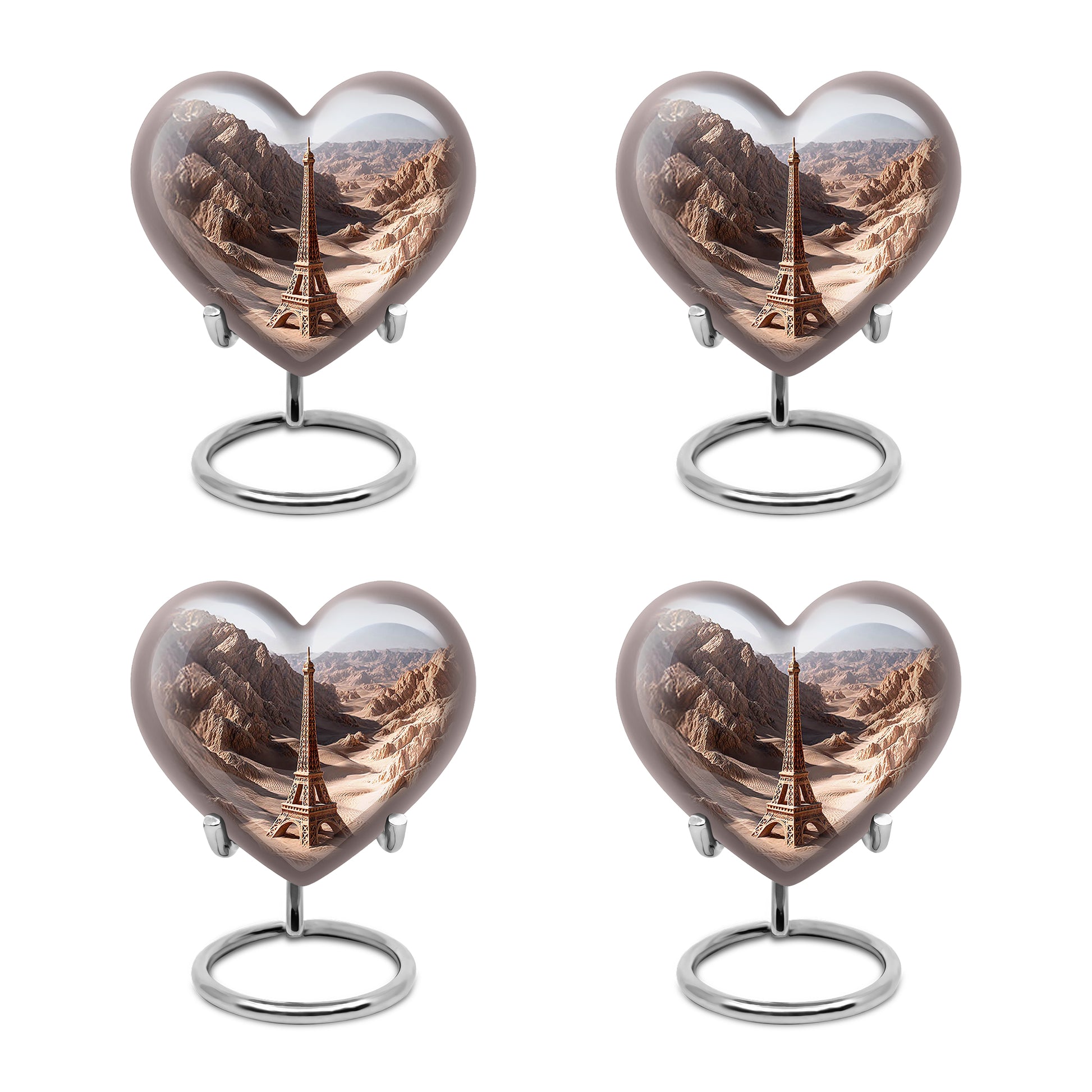 Chrome Silver Eiffel Tower Cremation Urn angled view of lid and engraved motif - compassionate heart-eiffel tower combination with gentle curves - 10 inch aluminum urn for cremated remains