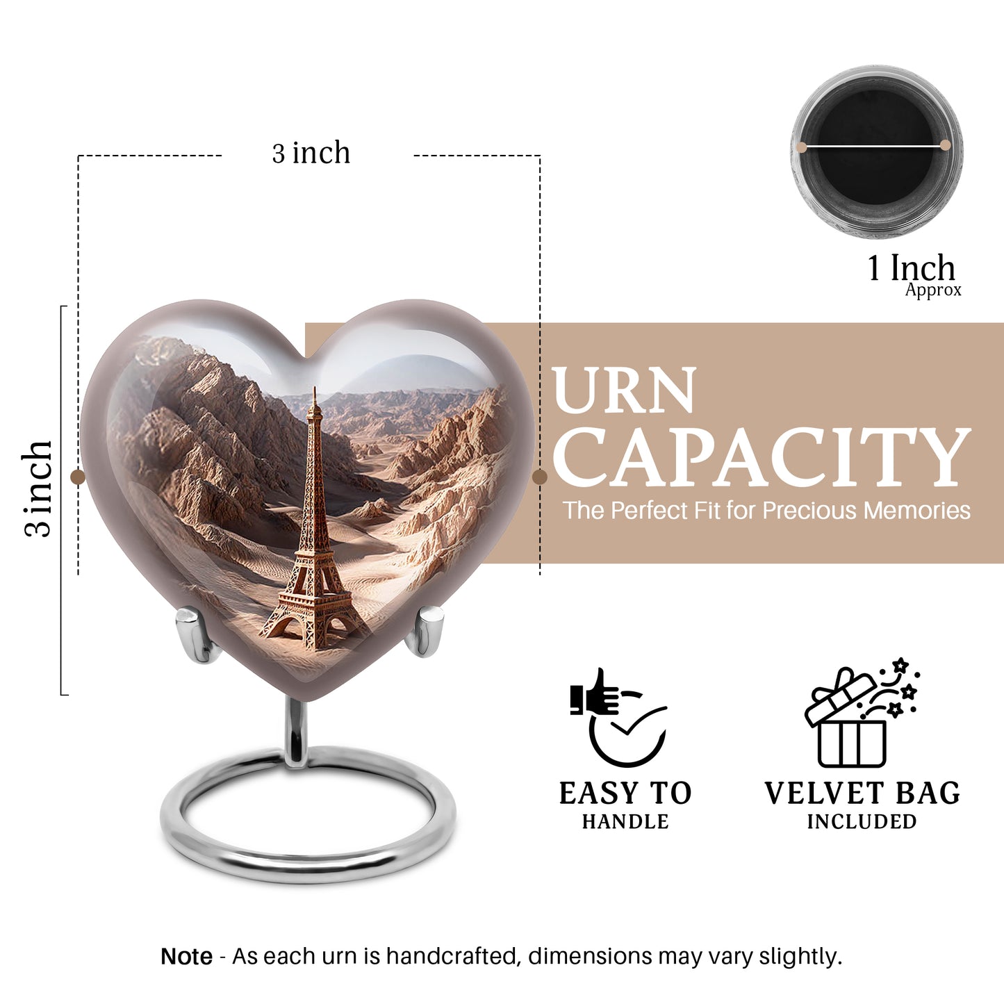 Antique Silver Eiffel Tower Cremation Urn front view showing detailed design - compassionate heart-eiffel tower combination with gentle curves - mini keepsake memorial for portion of cremation ashes
