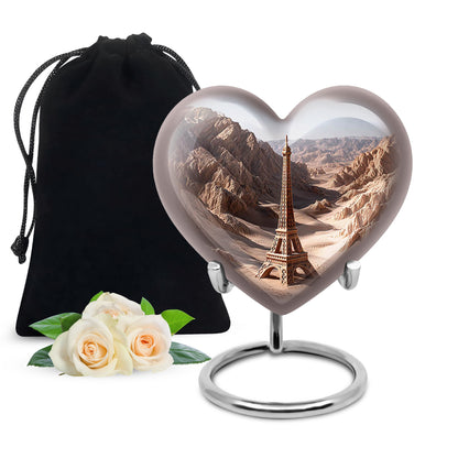 Gleaming Silver Eiffel Tower Cremation Urn detail view - heart-shaped eiffel tower design symbolizing eternal love - full-size 10 inch 200 cubic inch adult cremation urn