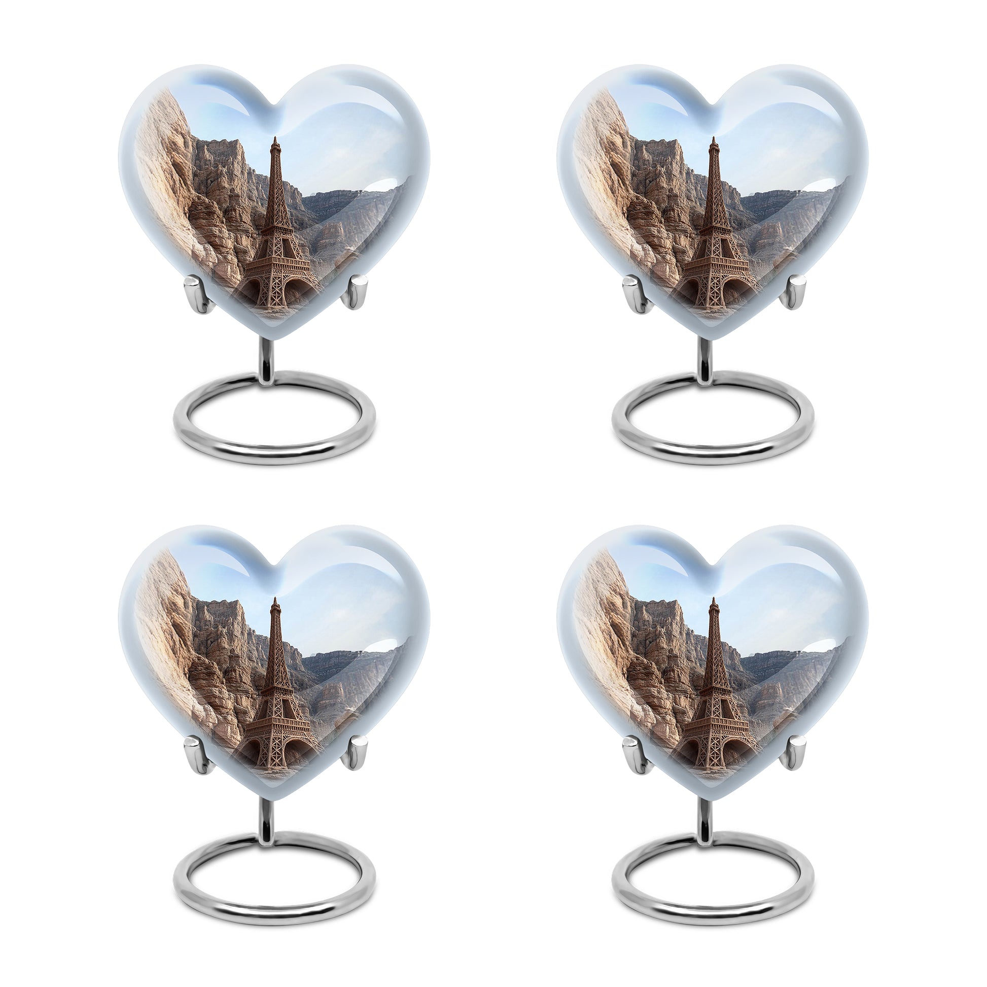 Misty Blue Eiffel Tower Cremation Urn angled view of lid and engraved motif - loving heart memorial featuring eiffel tower pattern - 10 inch aluminum urn for cremated remains