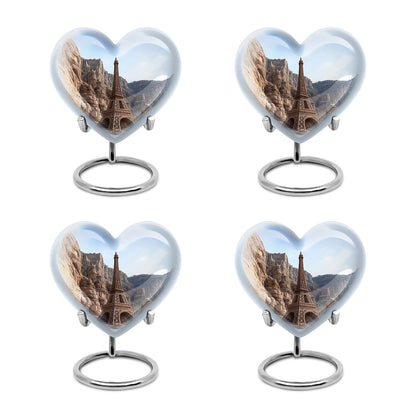 Misty Blue Eiffel Tower Cremation Urn angled view of lid and engraved motif - loving heart memorial featuring eiffel tower pattern - 10 inch aluminum urn for cremated remains