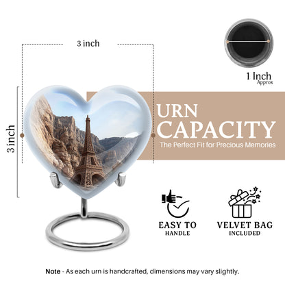 Pastel Blue Eiffel Tower Cremation Urn front view showing detailed design - heart-shaped eiffel tower design symbolizing eternal love - mini keepsake memorial for portion of cremation ashes