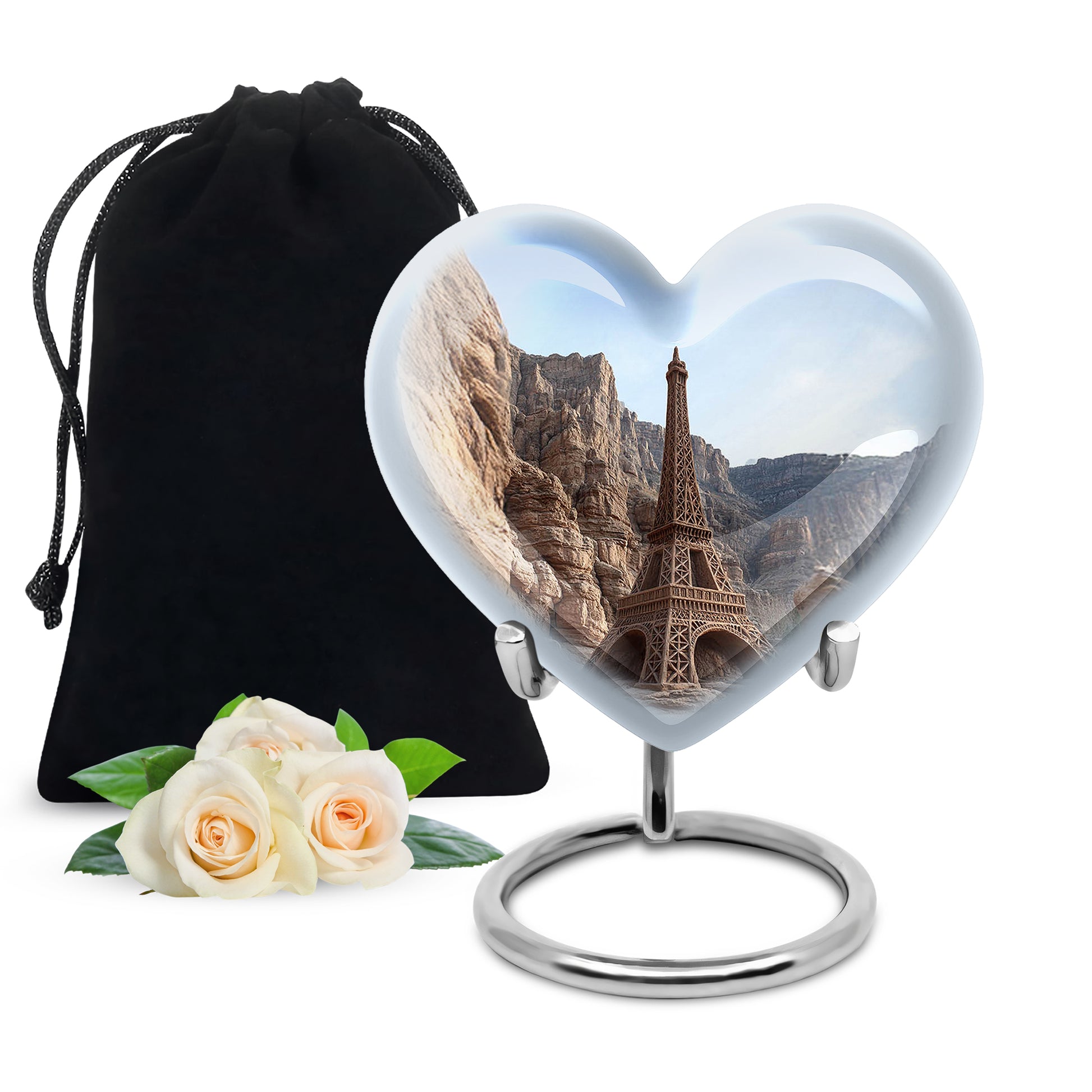Azure Eiffel Tower Cremation Urn detail view - loving heart memorial featuring eiffel tower pattern - full-size 10 inch 200 cubic inch adult cremation urn