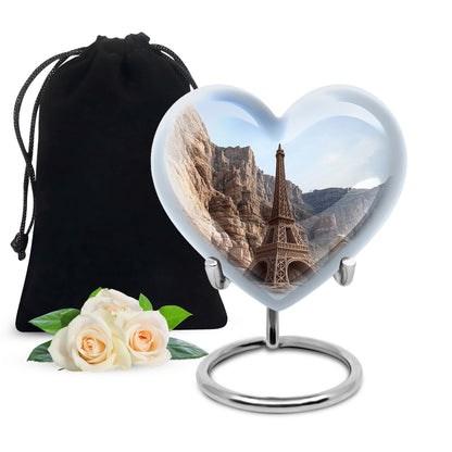 Azure Eiffel Tower Cremation Urn detail view - loving heart memorial featuring eiffel tower pattern - full-size 10 inch 200 cubic inch adult cremation urn