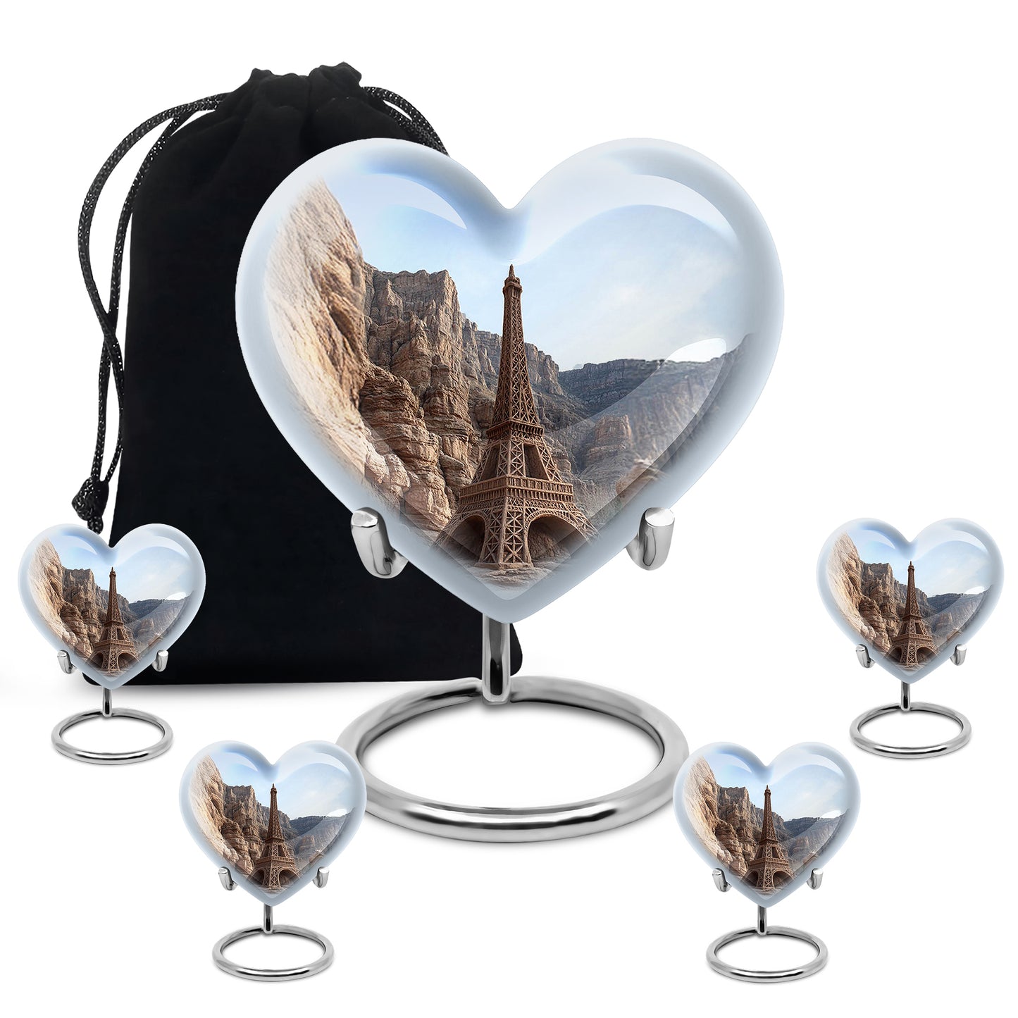 Royal Blue Eiffel Tower Cremation Urn close-up of engraving and surface detail - compassionate heart-eiffel tower combination with gentle curves - memorial set with one large and four small urns