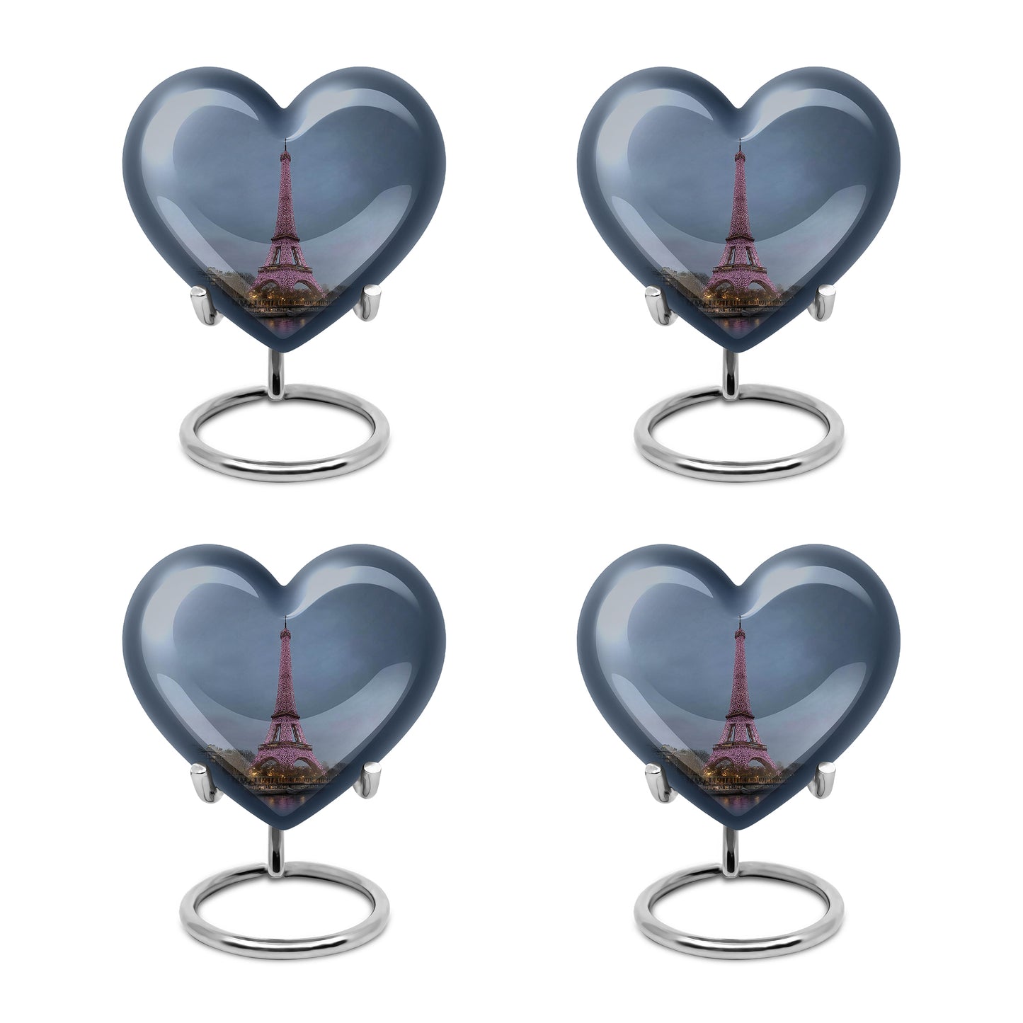 Misty Blue Eiffel Tower Cremation Urn angled view of lid and engraved motif - heart-shaped eiffel tower design symbolizing eternal love - 10 inch aluminum urn for cremated remains