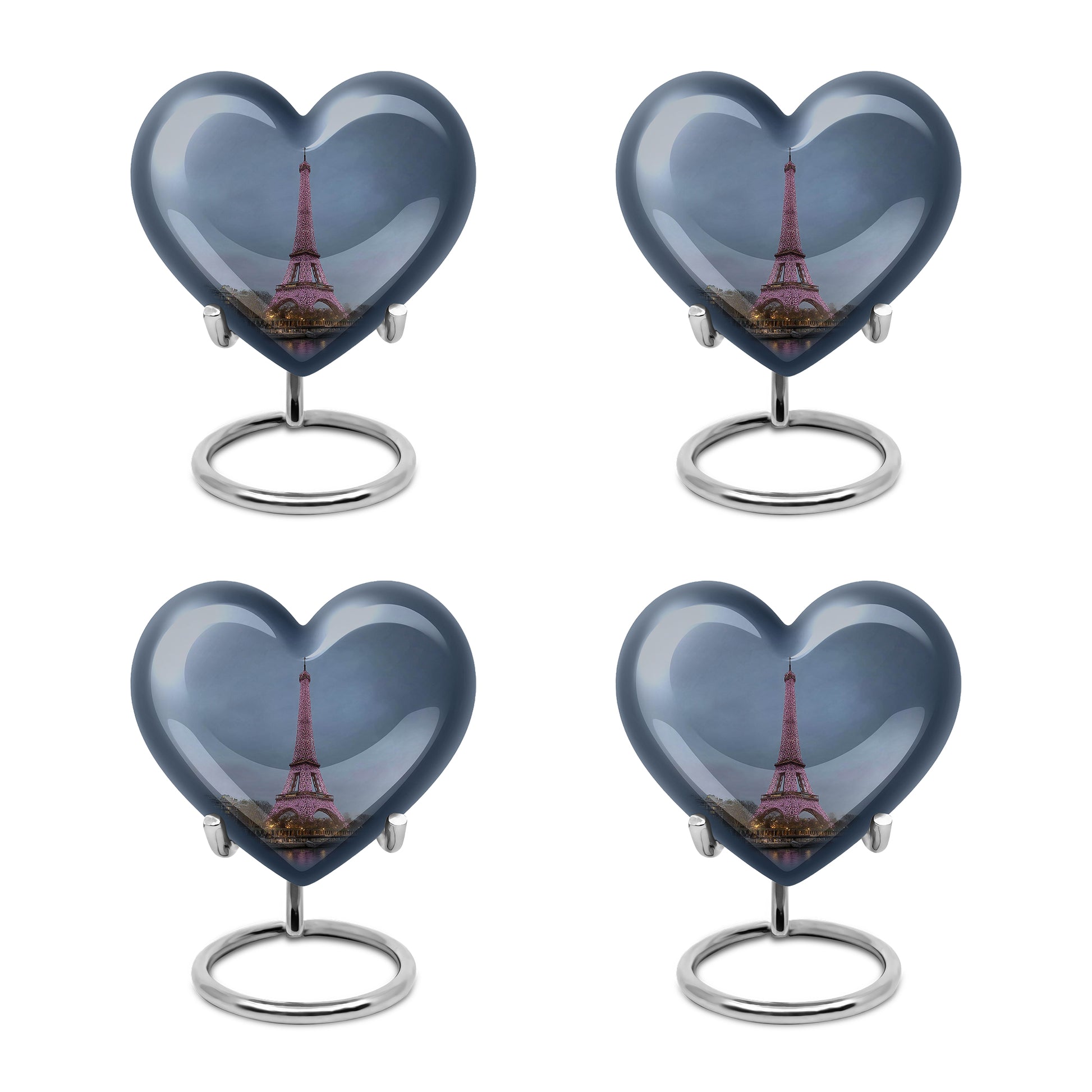 Misty Blue Eiffel Tower Cremation Urn angled view of lid and engraved motif - heart-shaped eiffel tower design symbolizing eternal love - 10 inch aluminum urn for cremated remains