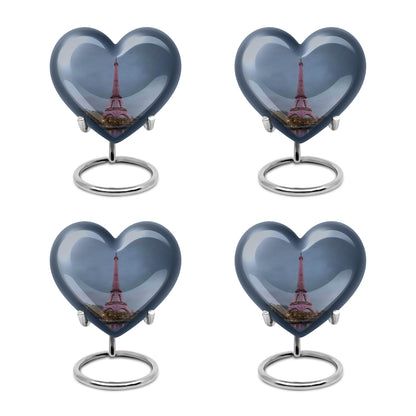 Misty Blue Eiffel Tower Cremation Urn angled view of lid and engraved motif - heart-shaped eiffel tower design symbolizing eternal love - 10 inch aluminum urn for cremated remains