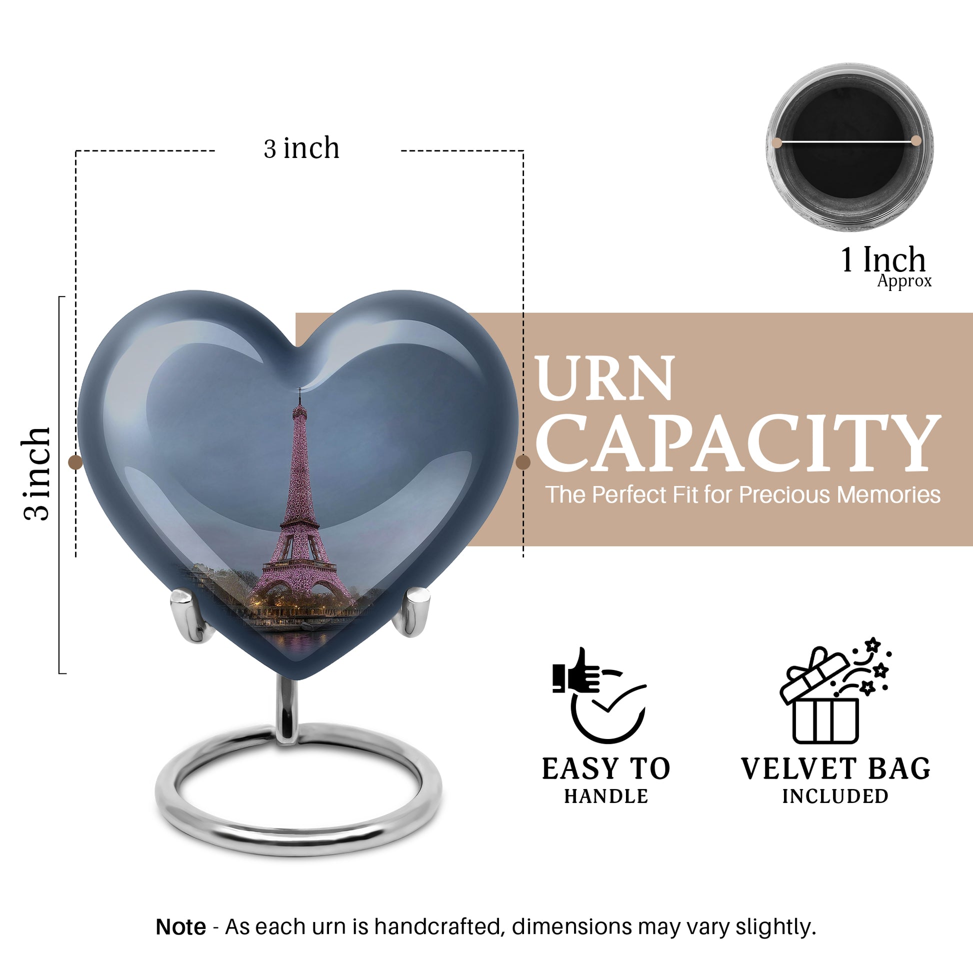 Steel Blue Eiffel Tower Cremation Urn front view showing detailed design - compassionate heart-eiffel tower combination with gentle curves - mini keepsake memorial for portion of cremation ashes