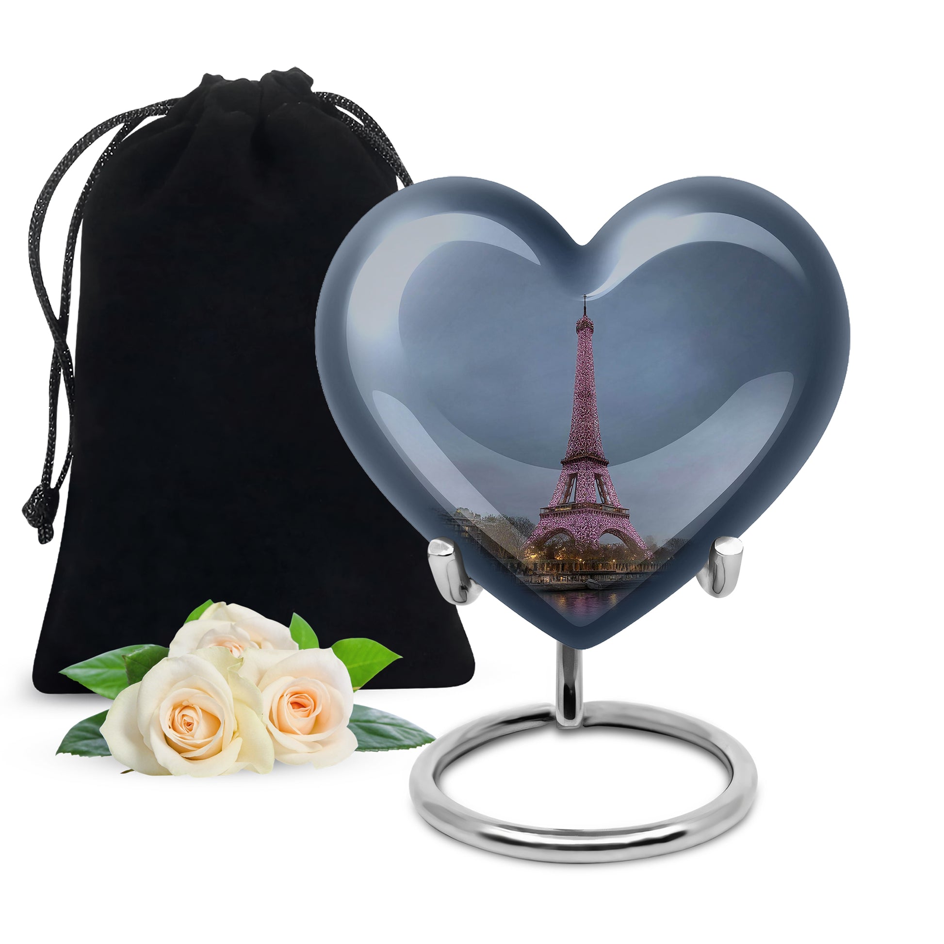 Steel Blue Eiffel Tower Cremation Urn detail view - romantic heart urn with eiffel tower motif on aluminum - full-size 10 inch 200 cubic inch adult cremation urn