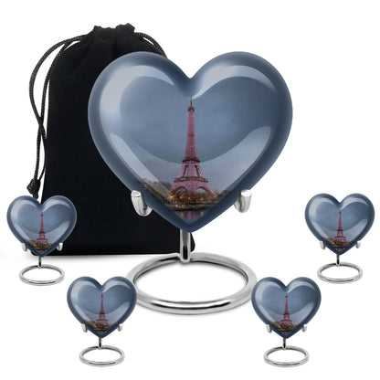 Azure Eiffel Tower Cremation Urn close-up of engraving and surface detail - loving heart memorial featuring eiffel tower pattern - memorial set with one large and four small urns