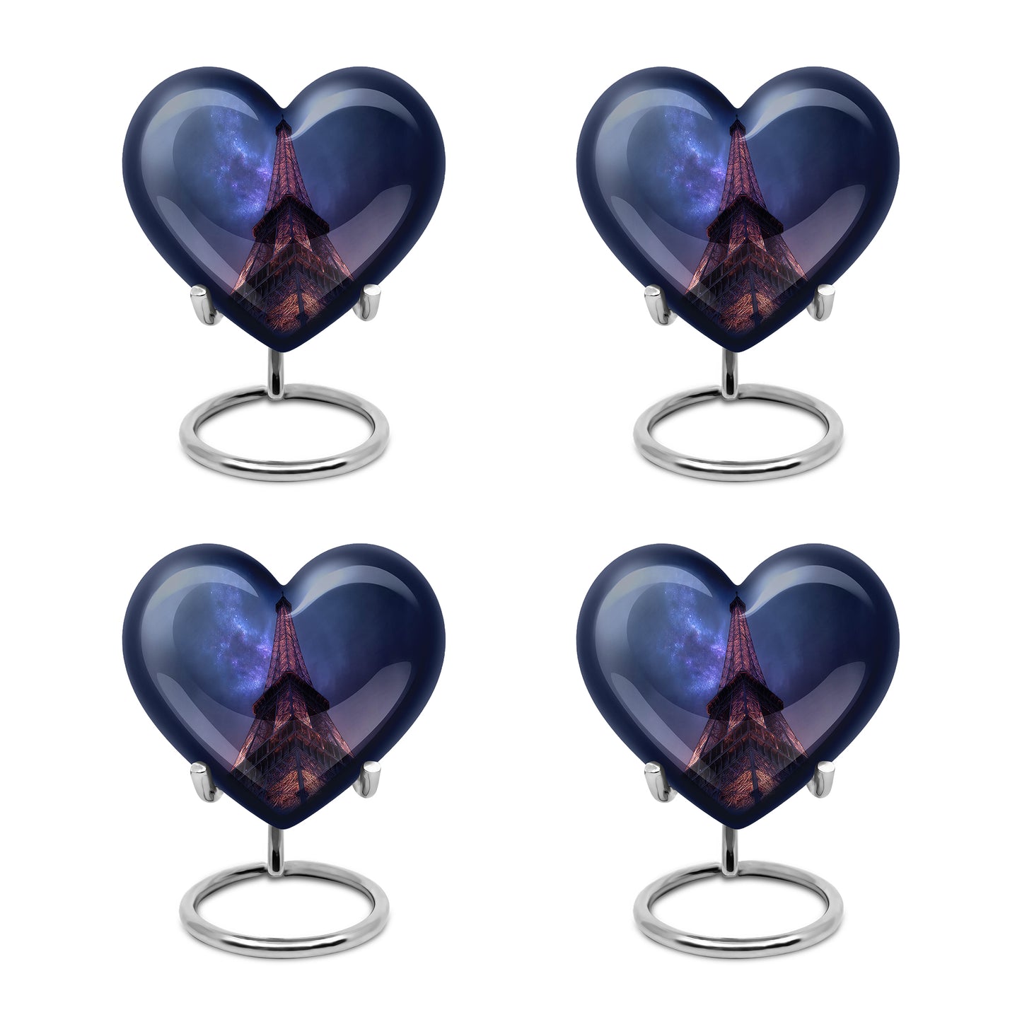 Celestial Blue Eiffel Tower Cremation Urn angled view of lid and engraved motif - heart-shaped eiffel tower design symbolizing eternal love - 10 inch aluminum urn for cremated remains