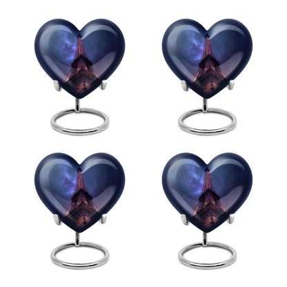 Celestial Blue Eiffel Tower Cremation Urn angled view of lid and engraved motif - heart-shaped eiffel tower design symbolizing eternal love - 10 inch aluminum urn for cremated remains