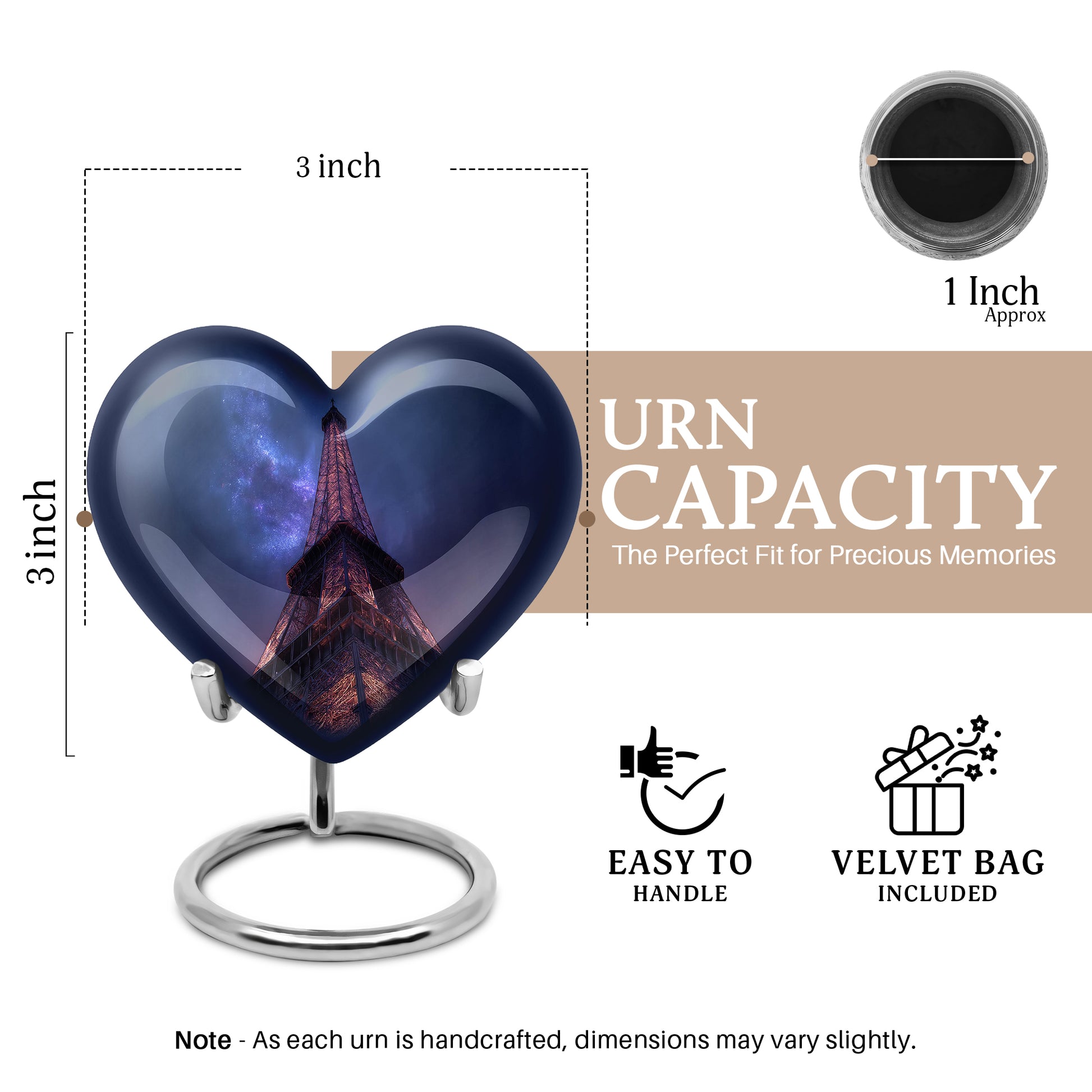 Dusty Blue Eiffel Tower Cremation Urn front view showing detailed design - heart-shaped eiffel tower design symbolizing eternal love - mini keepsake memorial for portion of cremation ashes