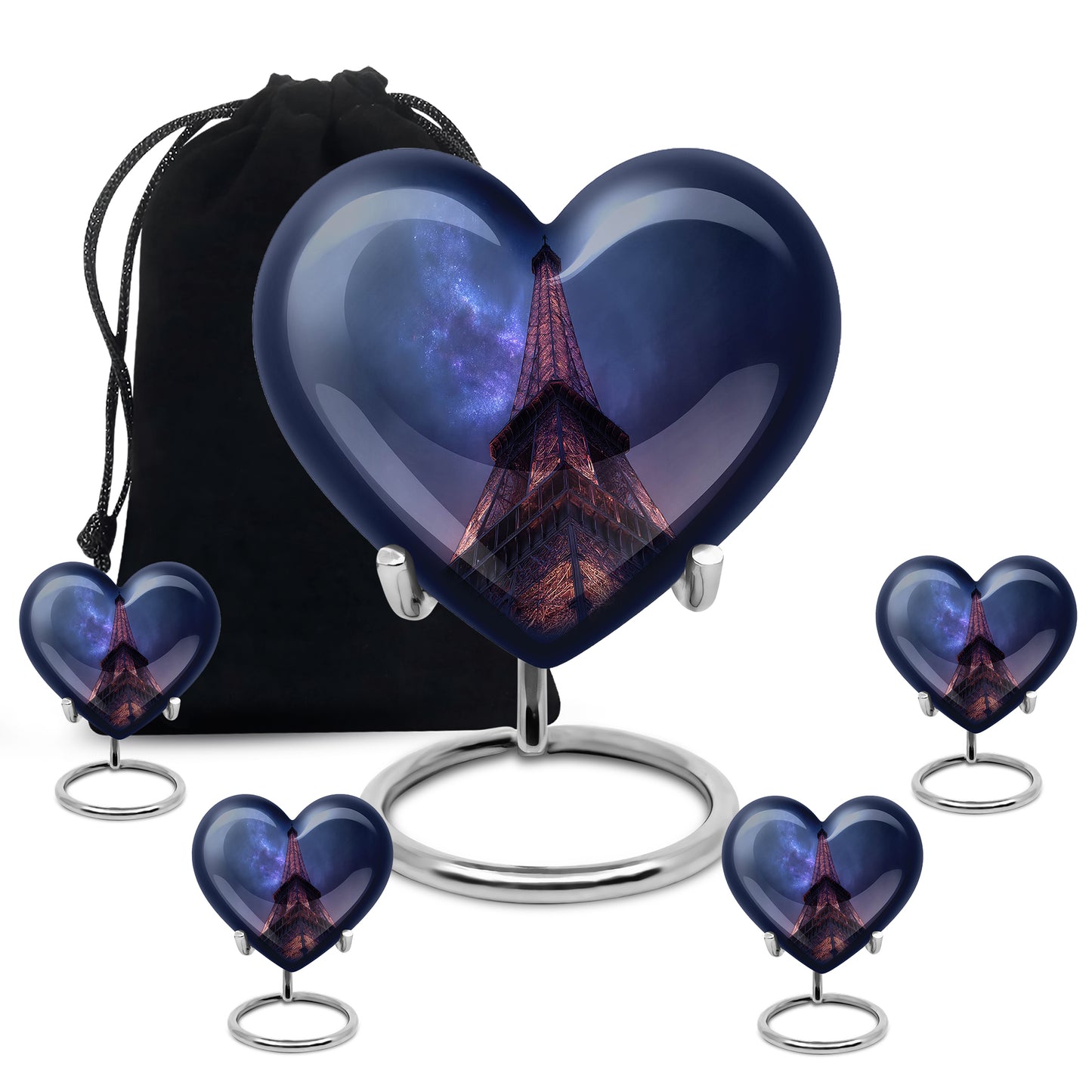 Slate Blue Eiffel Tower Cremation Urn close-up of engraving and surface detail - loving heart memorial featuring eiffel tower pattern - memorial set with one large and four small urns