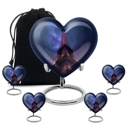 Slate Blue Eiffel Tower Cremation Urn close-up of engraving and surface detail - loving heart memorial featuring eiffel tower pattern - memorial set with one large and four small urns