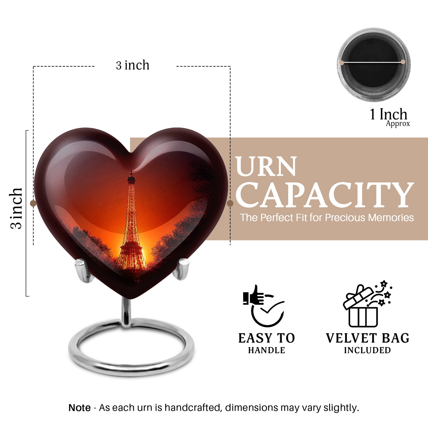 Blush Pink Eiffel Tower Cremation Urn front view showing detailed design - loving heart memorial featuring eiffel tower pattern - mini keepsake memorial for portion of cremation ashes
