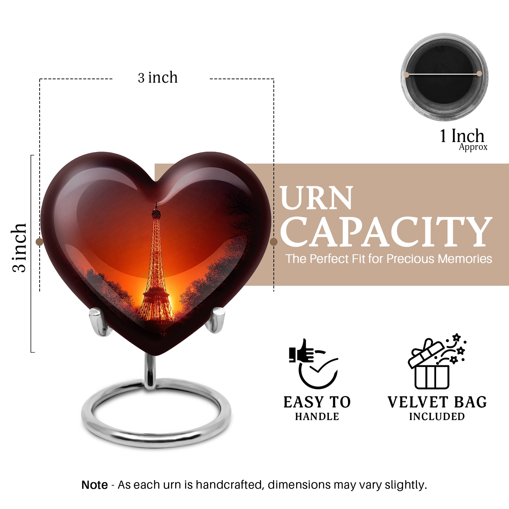 Blush Pink Eiffel Tower Cremation Urn front view showing detailed design - loving heart memorial featuring eiffel tower pattern - mini keepsake memorial for portion of cremation ashes