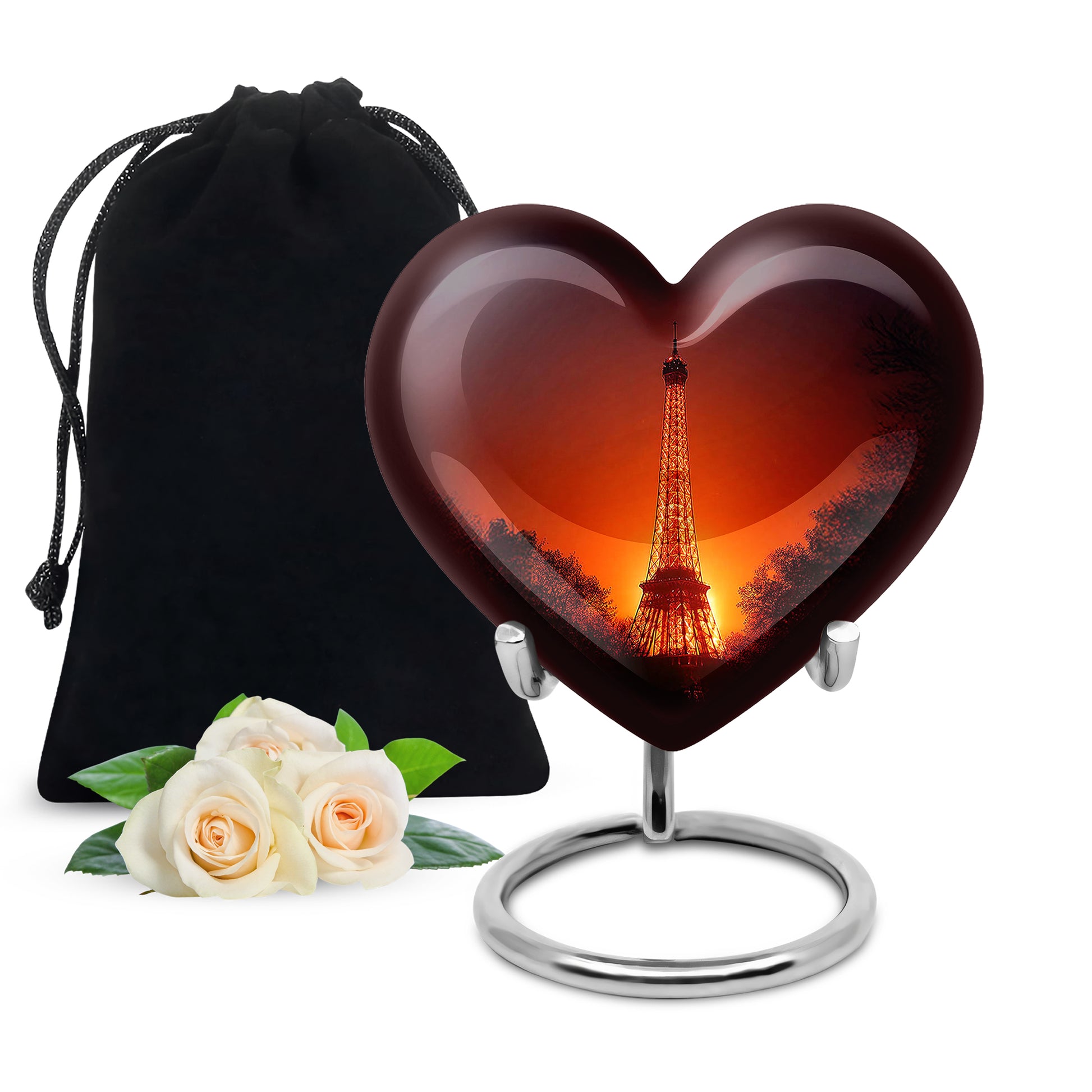 Salmon Pink Eiffel Tower Cremation Urn detail view - romantic heart urn with eiffel tower motif on aluminum - full-size 10 inch 200 cubic inch adult cremation urn