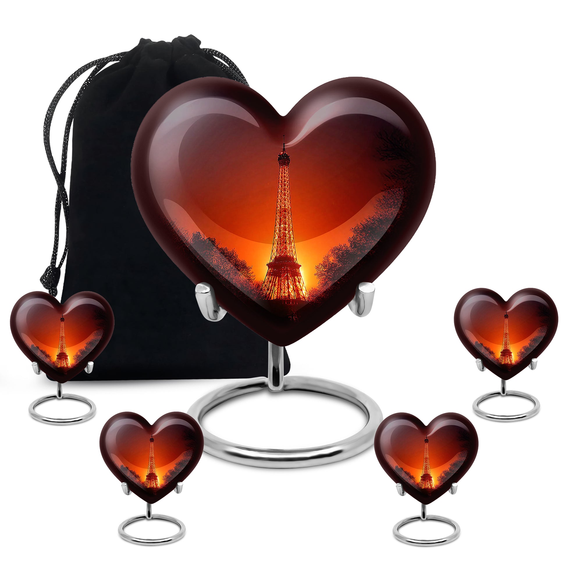 Dusty Pink Eiffel Tower Cremation Urn close-up of engraving and surface detail - romantic heart urn with eiffel tower motif on aluminum - memorial set with one large and four small urns