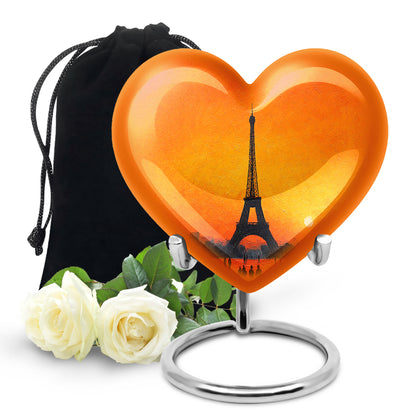 Sunrise Gold Eiffel Tower Cremation Urn detail view - heart-shaped eiffel tower design symbolizing eternal love - full-size 10 inch 200 cubic inch adult cremation urn