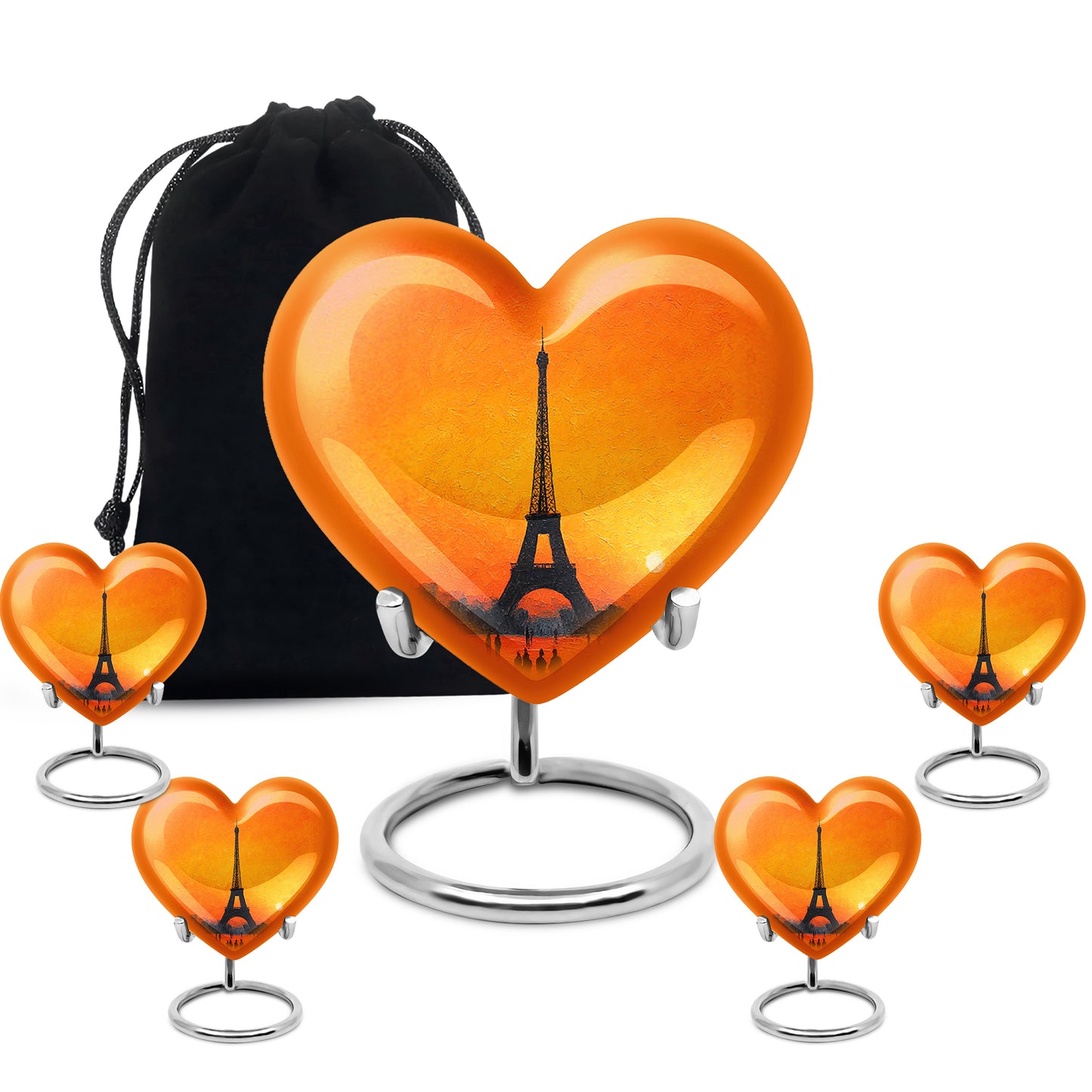 Burnished Gold Eiffel Tower Cremation Urn close-up of engraving and surface detail - romantic heart urn with eiffel tower motif on aluminum - memorial set with one large and four small urns
