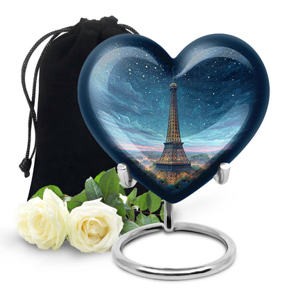 Cornflower Blue Eiffel Tower Cremation Urn detail view - romantic heart urn with eiffel tower motif on aluminum - full-size 10 inch 200 cubic inch adult cremation urn