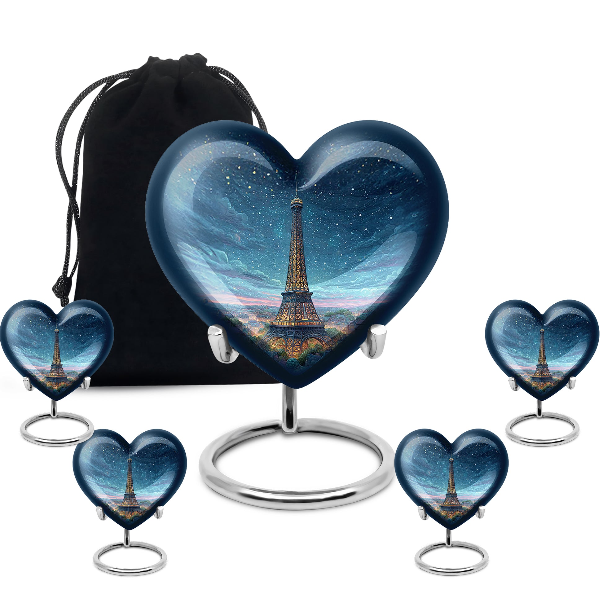 Sapphire Blue Eiffel Tower Cremation Urn close-up of engraving and surface detail - compassionate heart-eiffel tower combination with gentle curves - memorial set with one large and four small urns