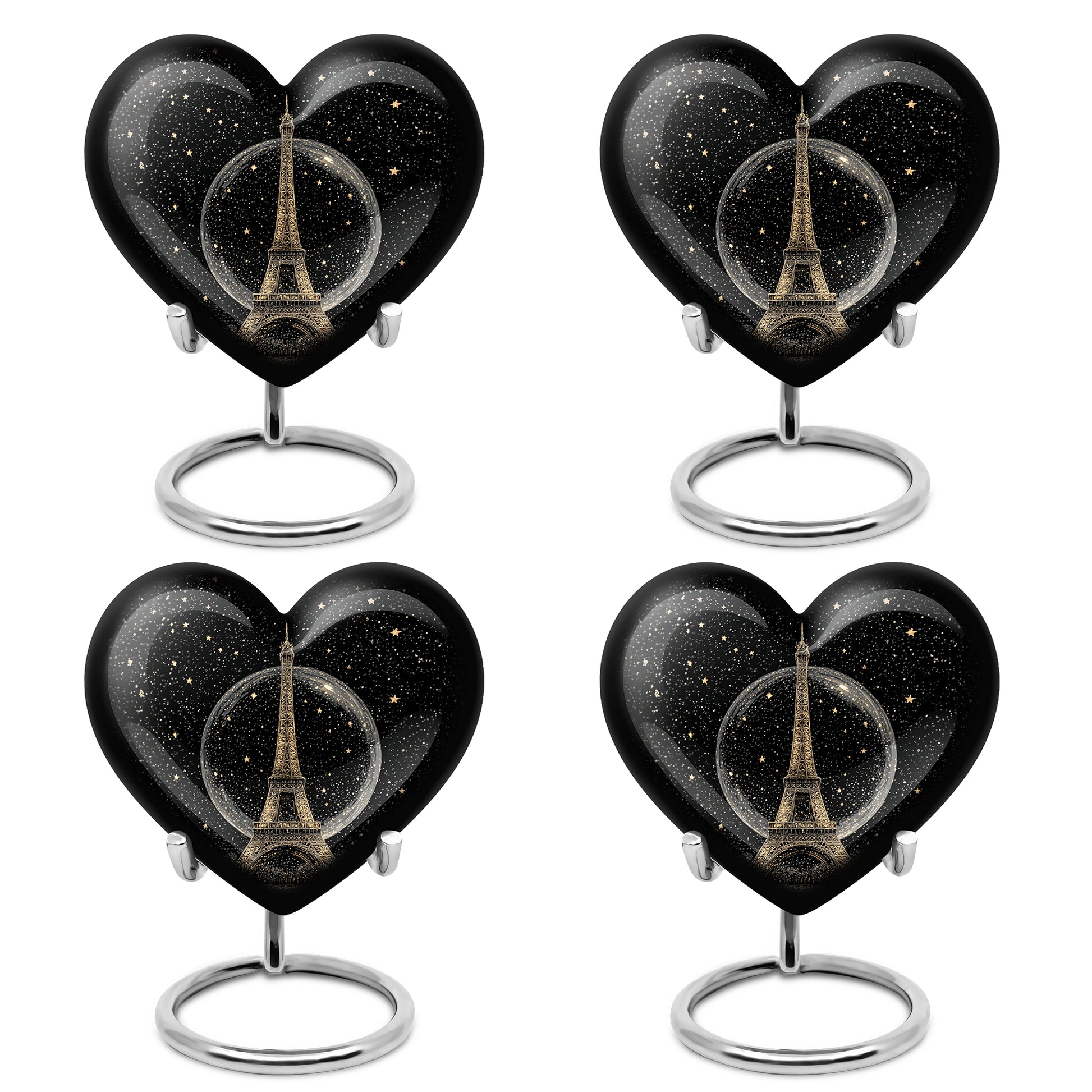 Obsidian Black Eiffel Tower Cremation Urn angled view of lid and engraved motif - romantic heart urn with eiffel tower motif on aluminum - 10 inch aluminum urn for cremated remains