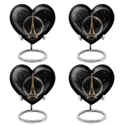 Obsidian Black Eiffel Tower Cremation Urn angled view of lid and engraved motif - romantic heart urn with eiffel tower motif on aluminum - 10 inch aluminum urn for cremated remains