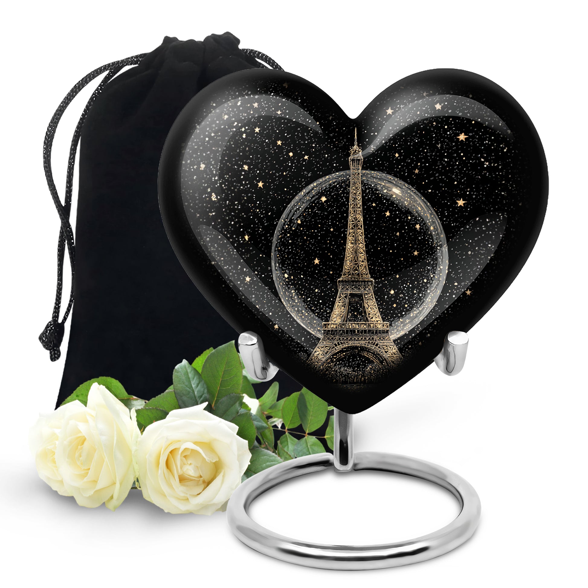 Onyx Black Eiffel Tower Cremation Urn detail view - romantic heart urn with eiffel tower motif on aluminum - full-size 10 inch 200 cubic inch adult cremation urn