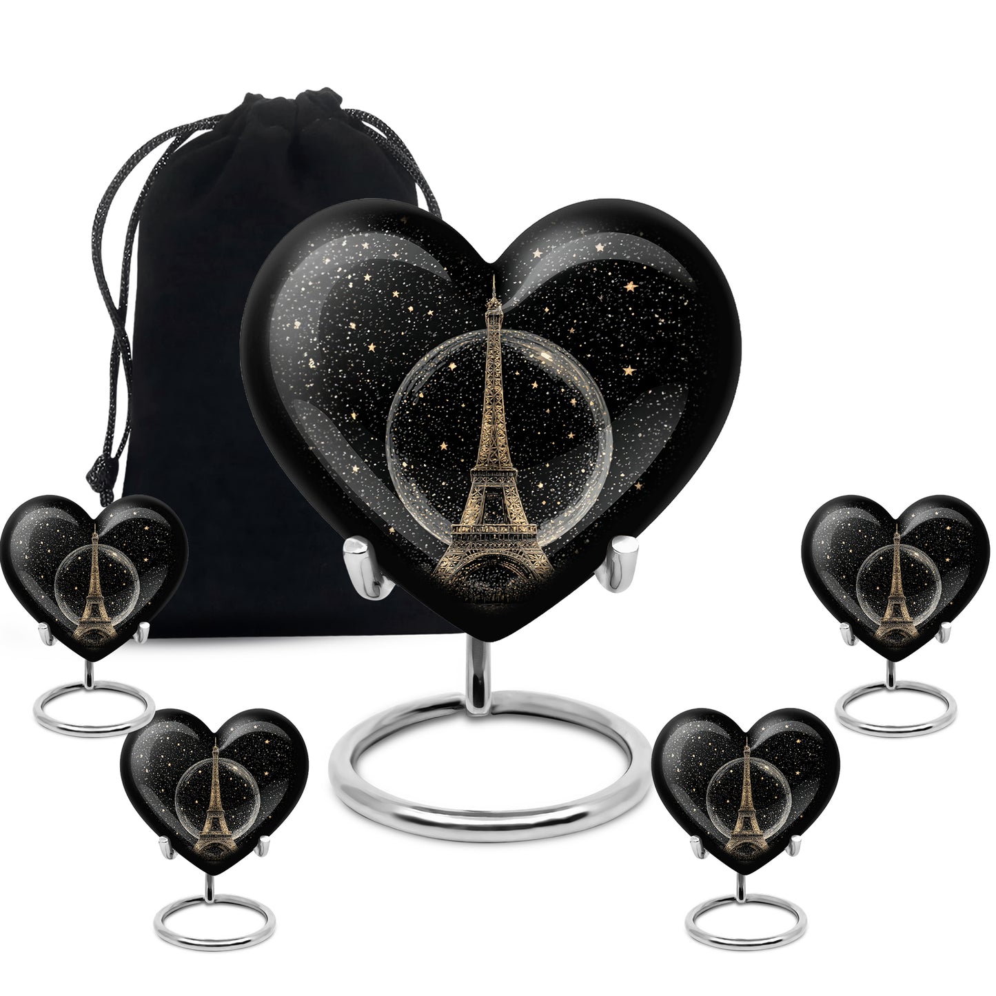 Charcoal Black Eiffel Tower Cremation Urn close-up of engraving and surface detail - compassionate heart-eiffel tower combination with gentle curves - memorial set with one large and four small urns