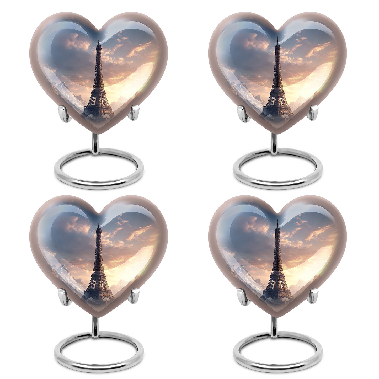 Vivid Blue Eiffel Tower Cremation Urn angled view of lid and engraved motif - romantic heart urn with eiffel tower motif on aluminum - 10 inch aluminum urn for cremated remains