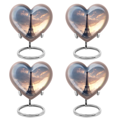 Vivid Blue Eiffel Tower Cremation Urn angled view of lid and engraved motif - romantic heart urn with eiffel tower motif on aluminum - 10 inch aluminum urn for cremated remains