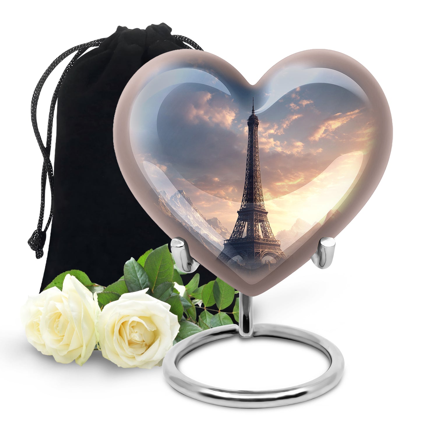 Icy Blue Eiffel Tower Cremation Urn detail view - heart-shaped eiffel tower design symbolizing eternal love - full-size 10 inch 200 cubic inch adult cremation urn