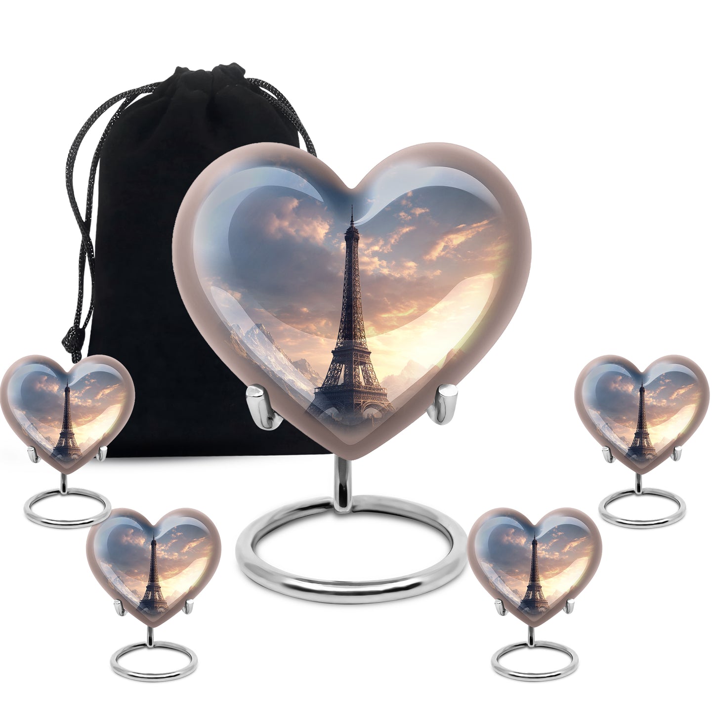 Navy Blue Eiffel Tower Cremation Urn close-up of engraving and surface detail - heart-shaped eiffel tower design symbolizing eternal love - memorial set with one large and four small urns