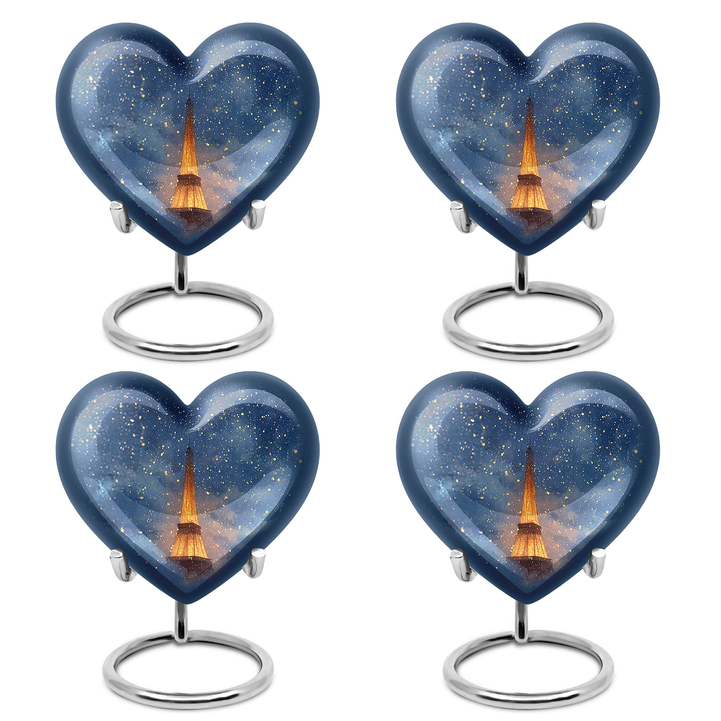 Indigo Eiffel Tower Cremation Urn angled view of lid and engraved motif - heart-shaped eiffel tower design symbolizing eternal love - 10 inch aluminum urn for cremated remains