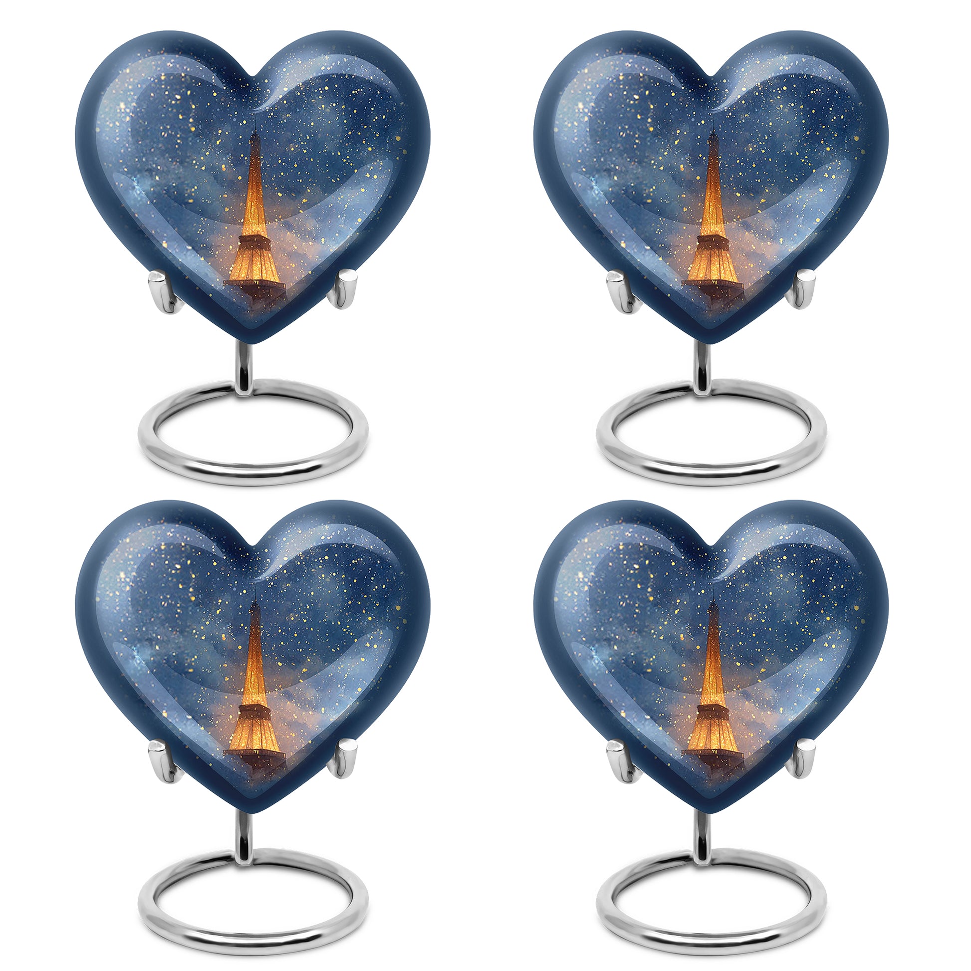 Indigo Eiffel Tower Cremation Urn angled view of lid and engraved motif - heart-shaped eiffel tower design symbolizing eternal love - 10 inch aluminum urn for cremated remains