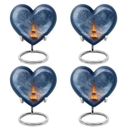Indigo Eiffel Tower Cremation Urn angled view of lid and engraved motif - heart-shaped eiffel tower design symbolizing eternal love - 10 inch aluminum urn for cremated remains