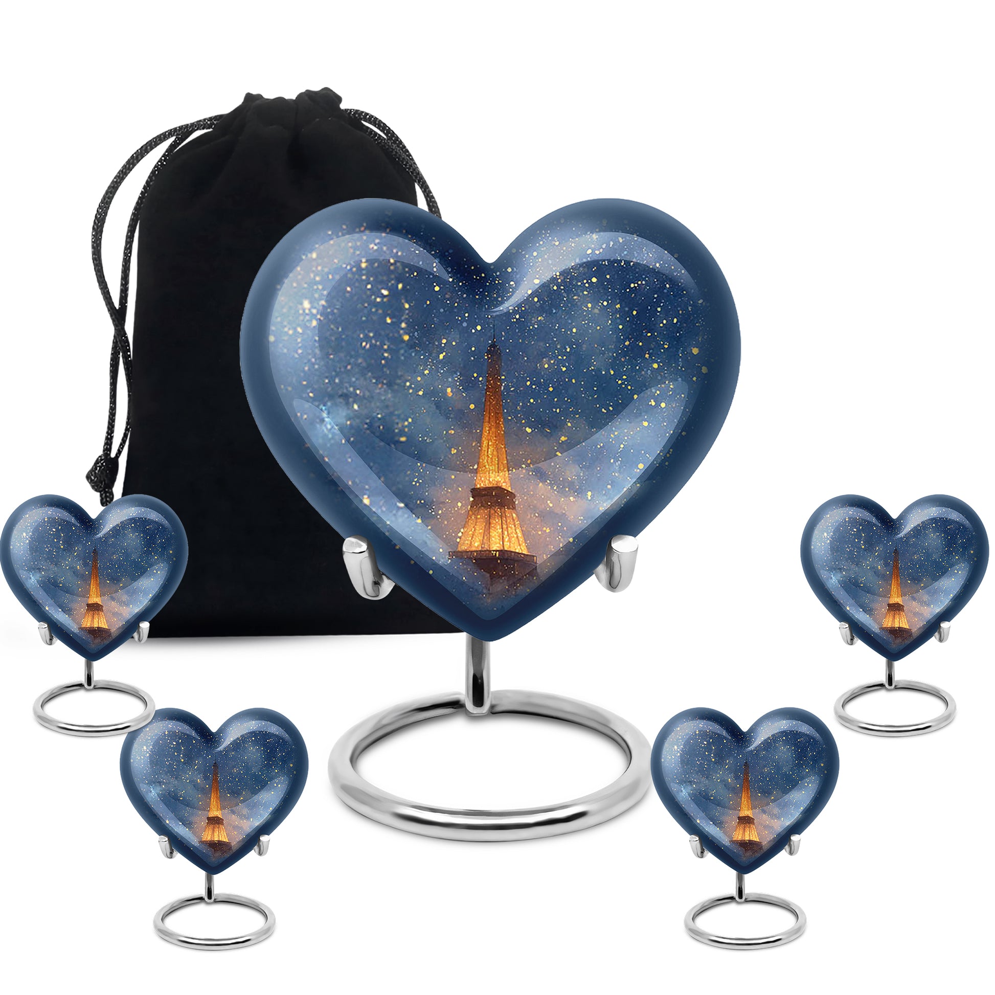 Calming Blue Eiffel Tower Cremation Urn close-up of engraving and surface detail - romantic heart urn with eiffel tower motif on aluminum - memorial set with one large and four small urns