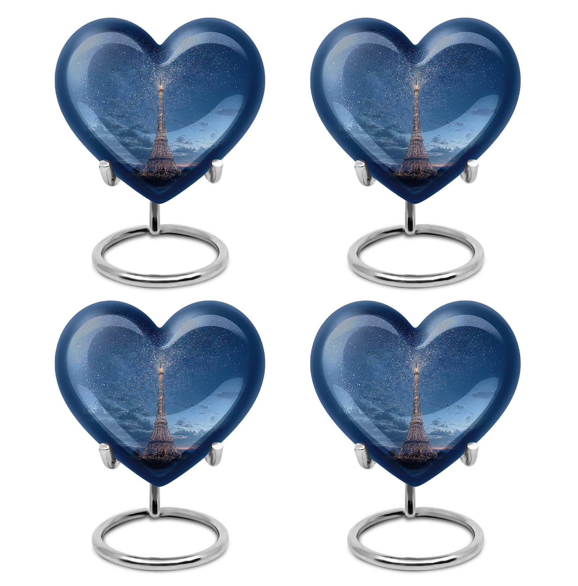 Cornflower Blue Eiffel Tower Cremation Urn angled view of lid and engraved motif - compassionate heart-eiffel tower combination with gentle curves - 10 inch aluminum urn for cremated remains
