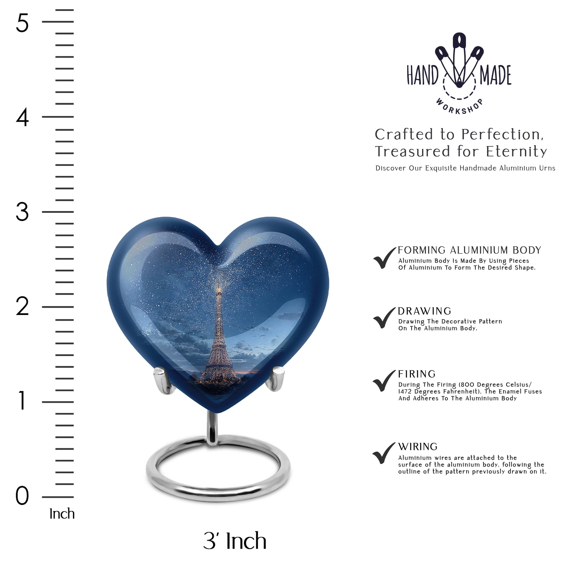 Indigo Eiffel Tower Cremation Urn front view showing detailed design - loving heart memorial featuring eiffel tower pattern - mini keepsake memorial for portion of cremation ashes