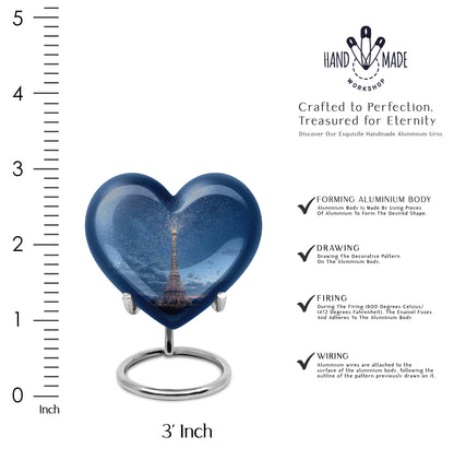 Indigo Eiffel Tower Cremation Urn front view showing detailed design - loving heart memorial featuring eiffel tower pattern - mini keepsake memorial for portion of cremation ashes